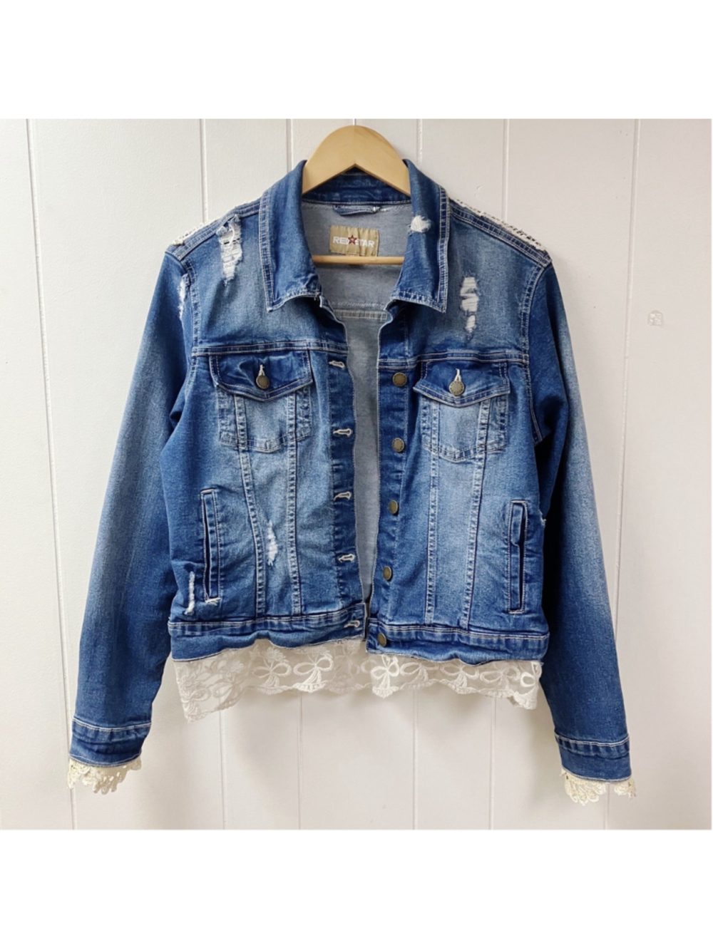 Y2K Boho Western Distressed Lace Denim Red Star Jean Jacket MEDIUM Coquette